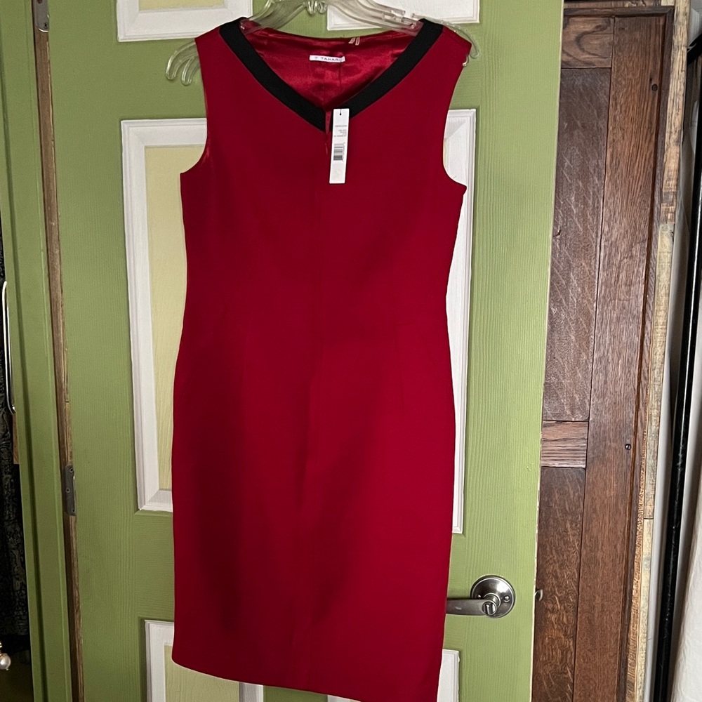 T Tahari Red and Black V-Neck Midi Dress